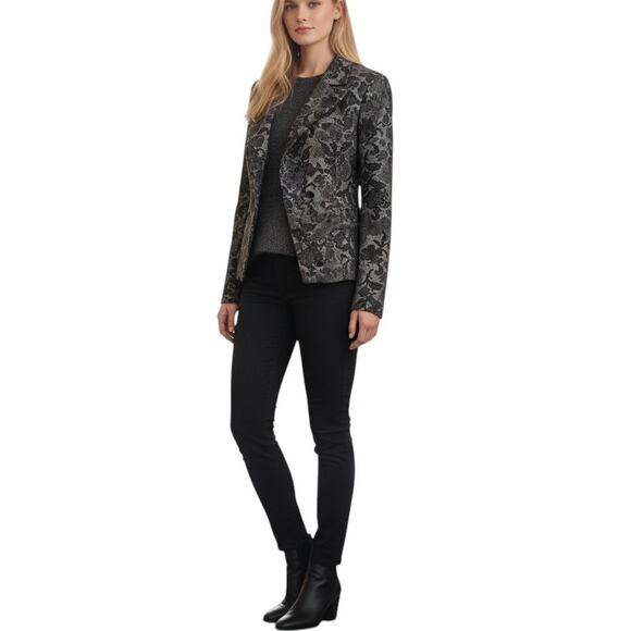 H&M Floral Fitted Blazer Jacket Flare Bell Sleeve Snap Closure Lined Black 8 - Picture 2 of 13